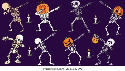 Dabbing skeletons set-pack with halloween pumpkins for graphic designers