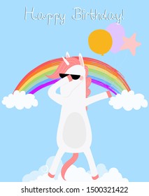 Dabbing Unicorn happy birthday greeting card. Dab horse in glasses with balloons disco dancing on cloud rainbow. Cute animal baby shower design Party unicorn Cartoon vector scandinavian illustration