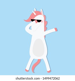 Dabbing Unicorn isolated on blue background Dab horse in sunglasses disco dancing. Cute animal print t-shirt, baby shower or birthday design card Party unicorn Cartoon vector scandinavian illustration