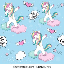 Dabbing unicorn seamless pattern in the blue sky with clouds svg