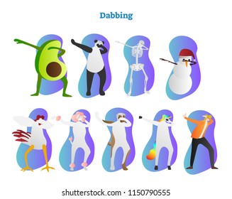 Dabbing vector illustration. Avocado, panda, skeleton and snowman is dropping head in bent crook. Chicken and unicorn shows famous hiphop dance move. New trendy and hype sneezing pose meaning triumph.