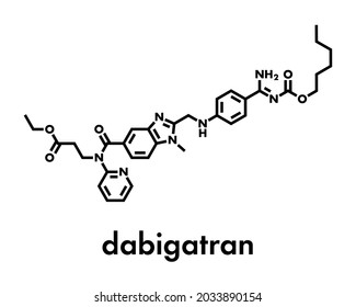 Dabigatran anticoagulant drug (direct thrombin inhibitor) molecule. Skeletal formula.