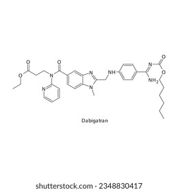 Estructura molecular esquelética plana de dabigatrán Inhibidor de la trombina utilizado en riesgo de tratamiento de la trombosis. Ilustración vectorial.