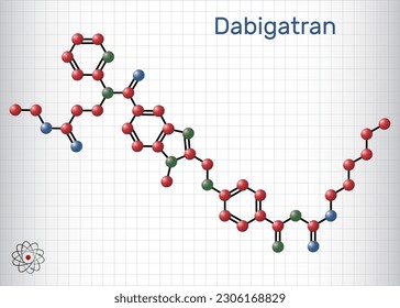 Dabigatranisches Molekül. Es ist gerinnungshemmendes Medikament. Strukturchemische Formel und Molekül-Modell. Blatt Papier in einem Käfig. Vektorgrafik