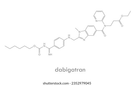 Dabigatran structure. Molecule of an anticoagulant medication. Used to prevent blood clots and stoke.