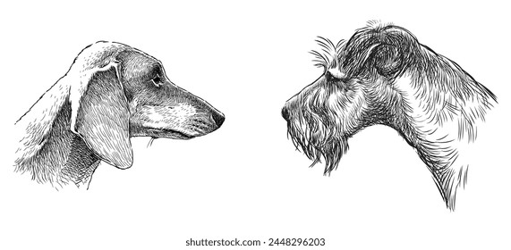 Dachshund, airedale, terrier, retrato, cabeza de animal, perfil, boceto, mascota, pura raza, lindo, Vector, dibujado a mano, perro de caza, ilustración, aislado en blanco