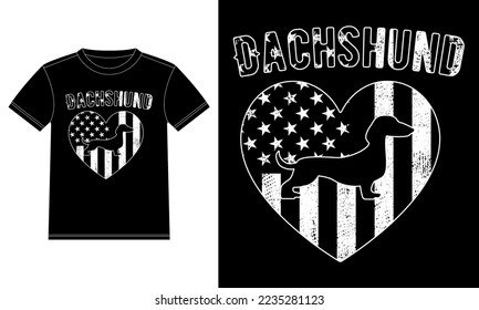 Dachshund with American flag Heart T-Shirt design template, Car Window Sticker, POD, cover, Isolated Black Background
