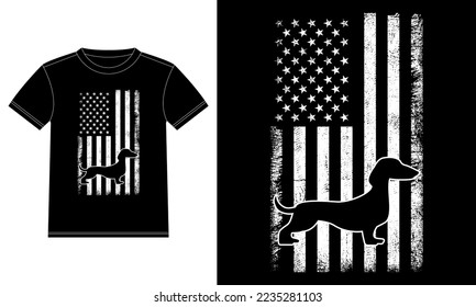 Dachshund with American flag T-Shirt design template, Car Window Sticker, POD, cover, Isolated Black Background

