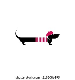 Dachshund artist dog with pink beret and sweater icon. Flat vector illustration. Cute funny pet symbol. Creative animal logo. French romantic style