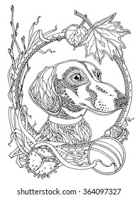 Dachshund With Autumn Elements; Coloring Page For Adults; Antistress Coloring;