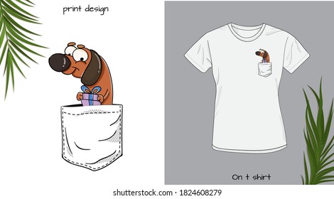 Bebé de Dachshund en el bolsillo de la camiseta. Animales divertidos en mi diseño de bolsillo. Bien para el diseño de camisetas para niños y niños