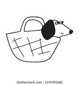 Dachshund in bag. Vector outline icon on white background.