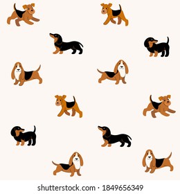 Dachshund, Basset hound, Lakeland Terrier. Simple seamless trendy animal pattern with different breeds of dogs. Cartoon vector illustration.