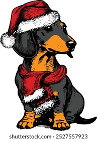 Dachshund breed in red hat of Santa Claus, Funny Christmas Dog, Dog Christmas Winter Holiday , Cute Christmas Dog