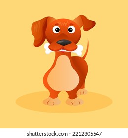 Dachshund brown cartoon dog. Cute dog character holding bone on his teeth. Design for prints, textile, online shops, web, landing