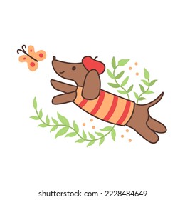 Dachshund with butterfly childish doodle. Cute happy dog character. Puppy in clothes. Spring summer vector illustration in doodle style, decorated with twigs, branches and dots. Positive pet print