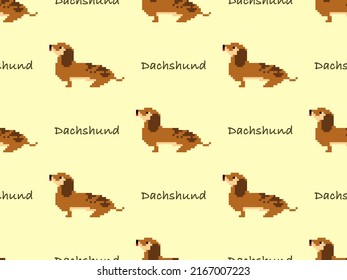 Dachshund cartoon character seamless pattern on yellow background. Pixel style