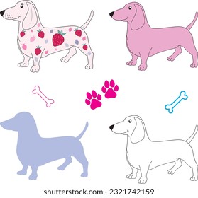 Dachshund character illustration with strawberries, Dachshund line art, bones line art, dog paw, Dachshund vector set 