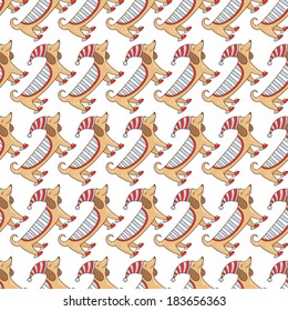 Dachshund. Cheerful hand drawn dog in sleeping hat and sleepers.