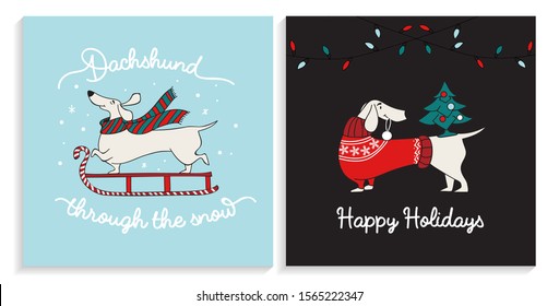 Dachshund christmas greeting happy cards set vector illustration. Template with smiling x-mas dog enjoying winter holidays in cozy and warm clothes flat style design. New year concept