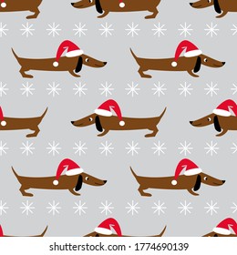 Dachshund in a Christmas hat. Seamless pattern. It is used for children s products, bedding, wrapping paper. Vector.