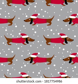 Dachshund in a Christmas hat and sweater. Seamless pattern. It is used for children s products, bedding, wrapping paper. Vector.