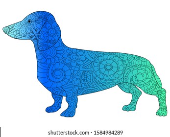 Dachshund color book for adults vector illustration. Anti-stress coloring for adult dog. Nature pet. Black and white lines symbol guard. Lace pattern friend.