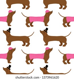 Dachshund cute seamless pattern. Concept of dogs lovers. Sketch for wrapping paper, floral textile, background fill, fabric. 