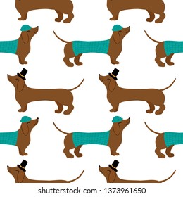 Dachshund cute seamless pattern. Concept of dogs lovers. Sketch for wrapping paper, floral textile, background fill, fabric. 