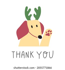 Dachshund with deer horns. Thank you. Vector illustration on white background.