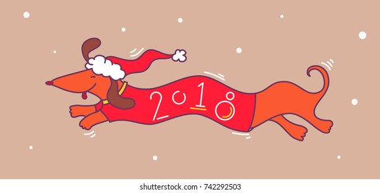 Dachshund dog in 2018 t-shirt and santa's hat vector illustration