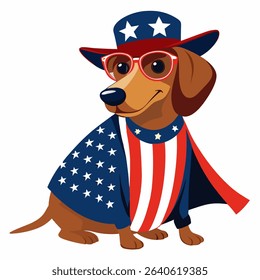 Dachshund dog in 4th of July disguise celebrating independence day USA , wearing American flag pattern cape, uncle Sam hat and sunglasses. Vector colorful illustration on a white background.