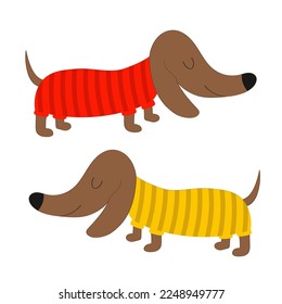 Dachshund dog breed set. Cute cartoon character on white background. Puppy dressed in red and yellow clothes Isolated. Flat design Vector illustration