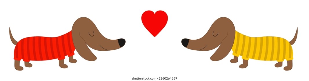 Dachshund dog breed set. Red heart. Happy Valentines day. Line banner. Love card. Cute cartoon character on white background. Puppy dressed in red and yellow clothes Flat design Vector illustration