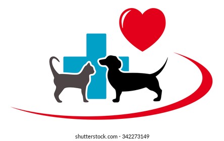 dachshund dog and cat silhouette on veterinary art icon