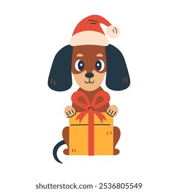 Dachshund Dog with Christmas Gift. Adorable Xmas Puppy at Santa Hat holding present. Vector illustration in flat style