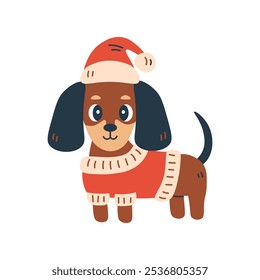 Dachshund Dog in Christmas Sweater and Santa Hat. Joyful Xmas puppy. Holiday Pet vector illustration in flat style