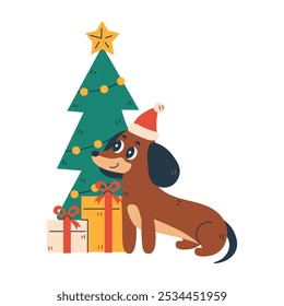 Dachshund Dog with Christmas Tree and Gifts. Cute hand drawn purebred puppy in Santa hat with Xmas decoration. Cartoon flat design. Vector illustration