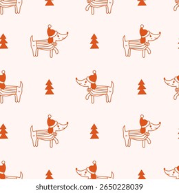 Dachshund Dog with Christmas Tree Seamless Pattern. Hand drawn Holiday background with adorable happy Puppy in Santa hat and Fir in doodle style. Repeat vector illustration with animal