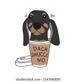 Dachshund dog in coffee cup with Dachshuccino word cartoon vector illustration	