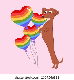 Dachshund dog decorates a  rainbow balloons in the shape of a heart. Vector illustration isolated