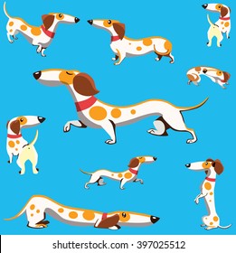 Dachshund dog. Dachshund different poses set. Dachshund walking, playing, scare, wondering. Cute dachshund.