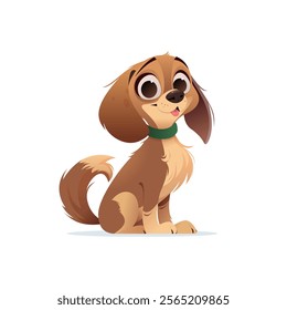 Сute Dachshund dog with expressive eyes and floppy ears. Green collar. Tongue slightly sticking out. Playful and friendly. Pet lovers concept. Isolated background. Flat cartoon vector illustration