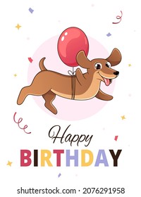 Dachshund dog flying on a balloon, birthday card illustration