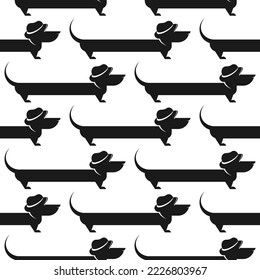 Dachshund dog with gentleman hat seamless pattern. Black flat vector ornament on white background.  animal print. Detective, hipster, british style wallpaper