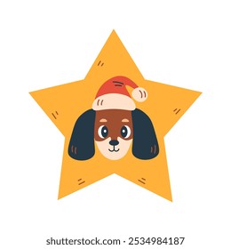 Dachshund Dog Head with Santa Hat. Christmas Pet Decoration with Star Background. Whimsical Holiday flat cartoon design. Vector illustration.