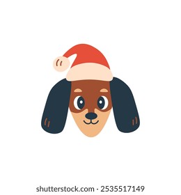 Dachshund Dog Head wearing Santa Hat. Whimsical puppy face with traditional Xmas costume. Holiday pet portrait. Flat cartoon style. Vector illustration