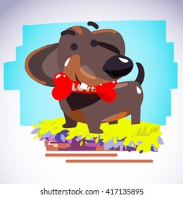 dachshund dog holding bone of love. love bone concept - vector illustration