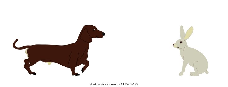 Cazador de perros de Dachshund persiguiendo la ilustración del vector de conejo de presa aislado en el fondo blanco. Cacería de perro liebre conejo. Predador de animales de granja doméstico contra presa.