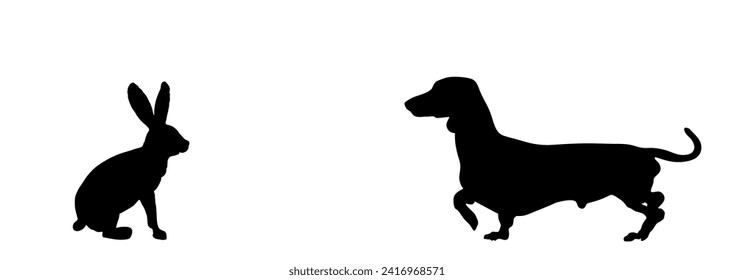 Dachshund dog hunter chasing prey rabbit vector silhouette illustration isolated on white background. Dog hunting hare rabbit shape. Domestic farm animal predator vs prey. Dachshund dog silhouette.